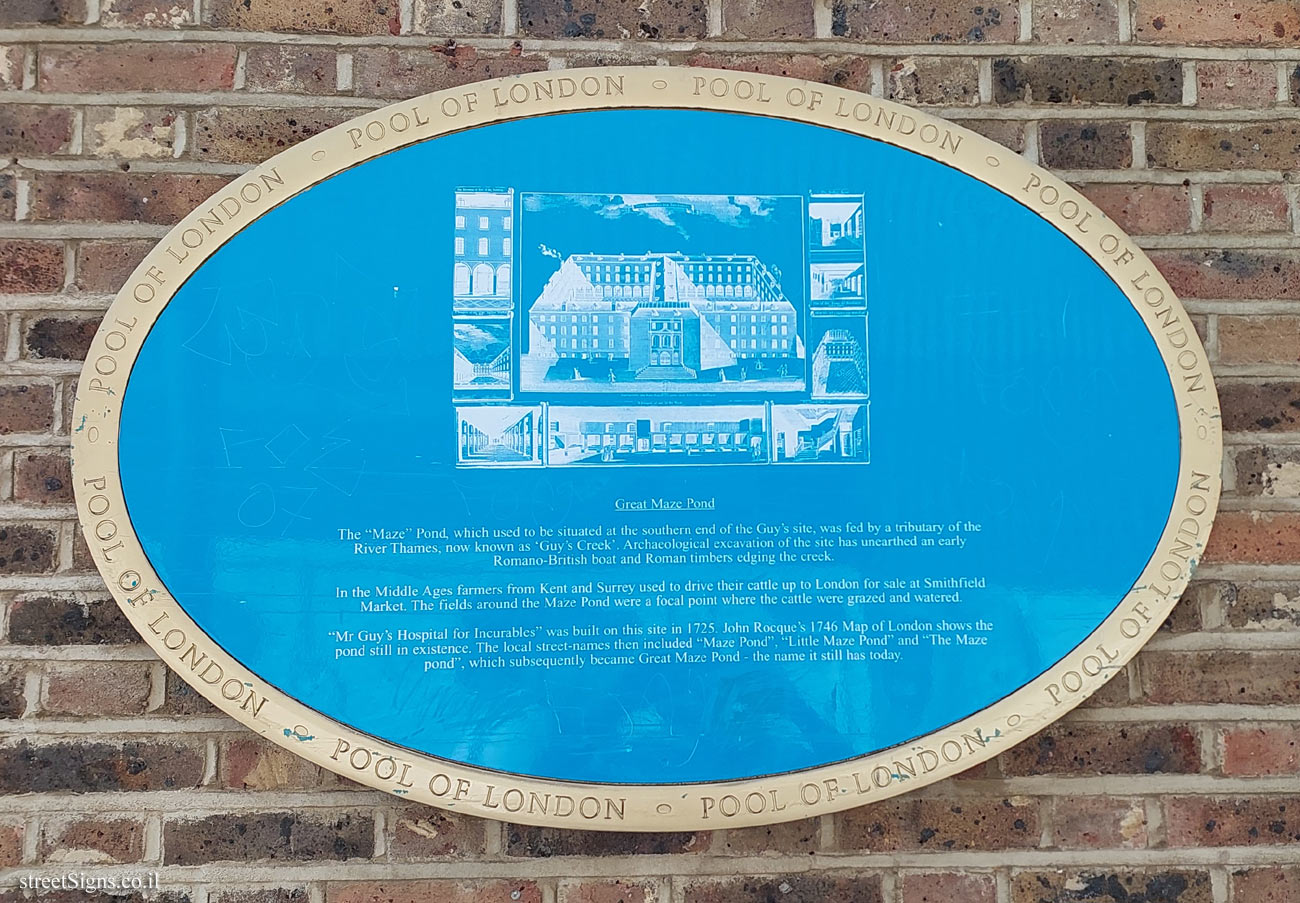 London - Commemorative plaque where the Maze Pond used to be