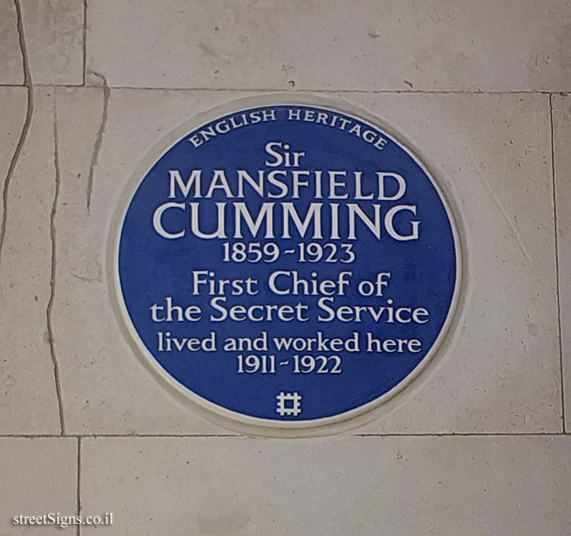 London - Commemorative plaque at the place where Mansfield Smith-Cumming lived and worked
