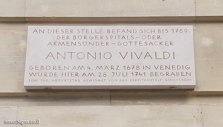 Vienna - a memorial plaque at the place where the composer Antonio Vivaldi was buried