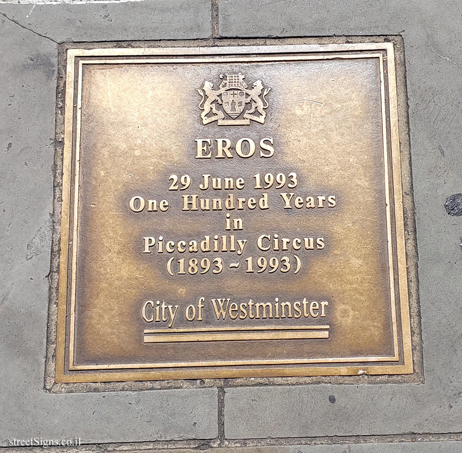 London - Commemorative plaque the 100th anniversary of the "Eros" statue in Piccadilly Circus
