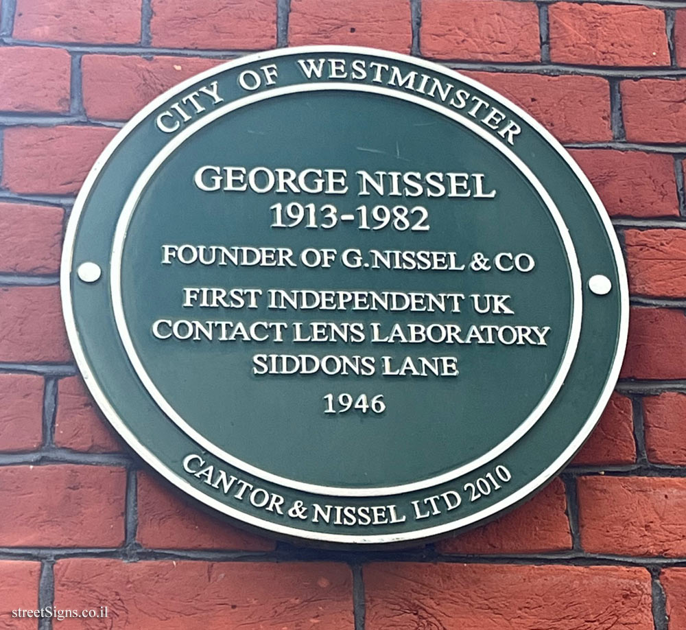 London - Commemorative plaque for contact lens manufacturer George Nissel