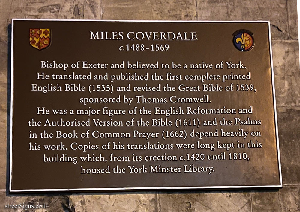 York - Memorial plaque to preacher and Bible translator Miles Coverdale