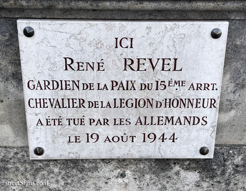 Paris - Memorial plaque at the place where René Revel was killed by German fire