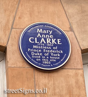 London - Commemorative plaque where Mary Anne Clarke lived