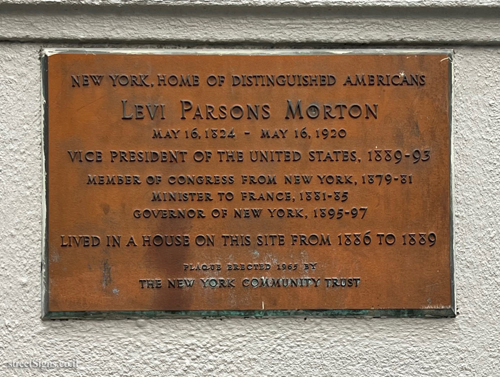 New York - Commemorative plaque in the house where US VP - Levi Parsons Morton lived