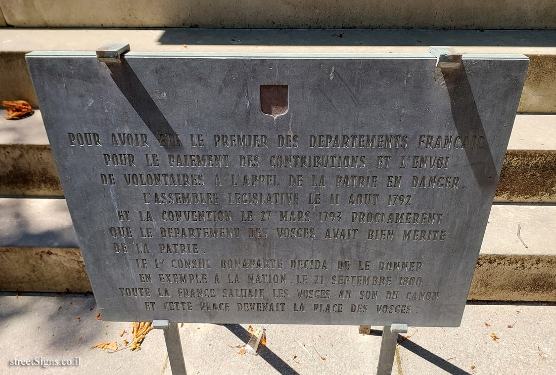 Paris - plaque indicating the origin of the name of Place des Vosges