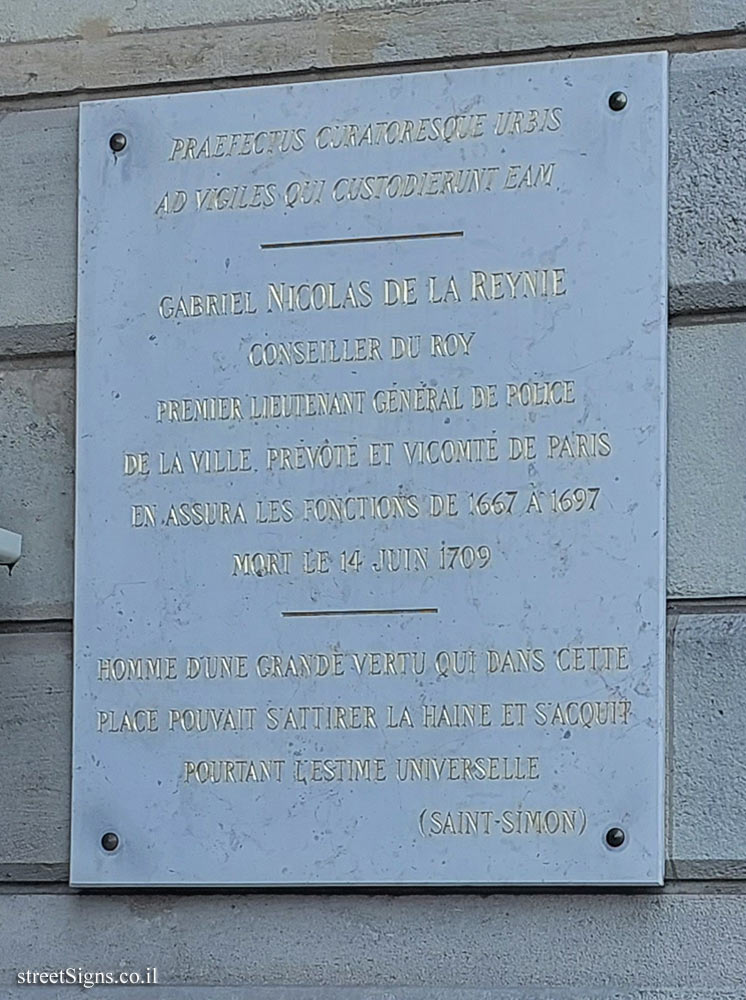 Paris - Memorial plaque to Gabriel Nicolas de la Reynie the founder of the modern police force