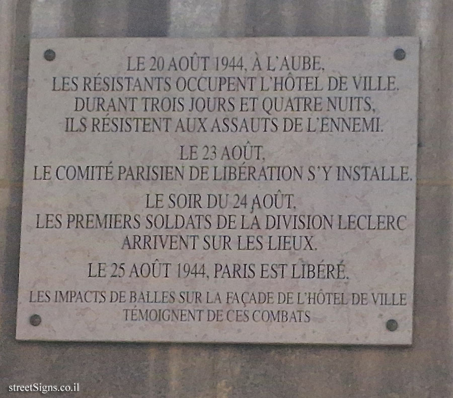 Paris - Liberation of Paris on the plaque placed on the town hall