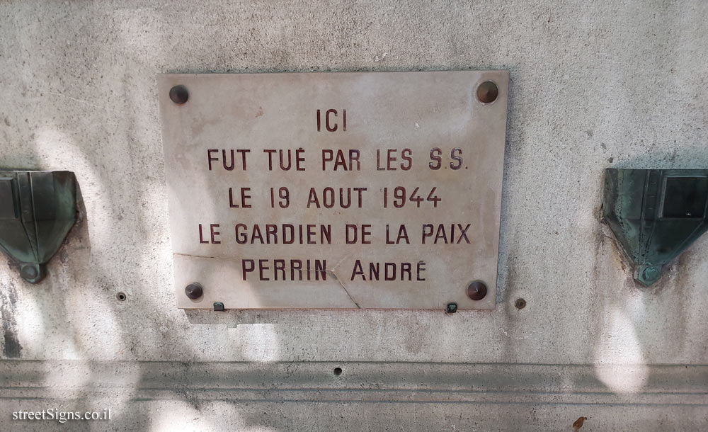 Paris - Commemorative plaque at the place where André Perrin was shot to death by the SS