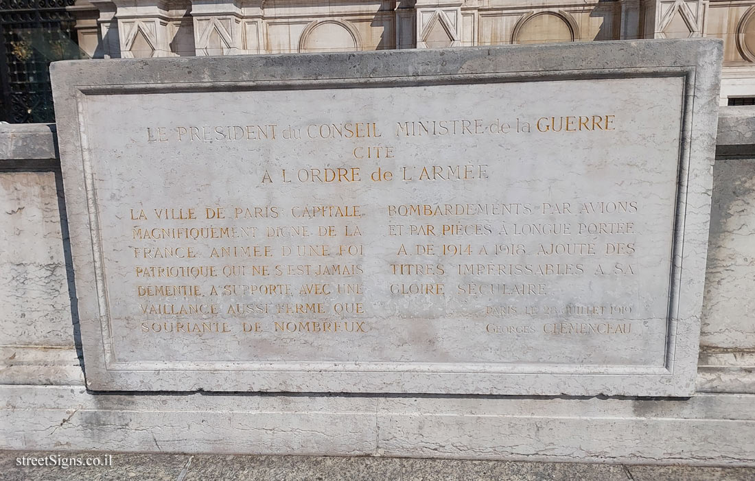 Paris - A plaque decorating Paris with the cross of war after the First World War