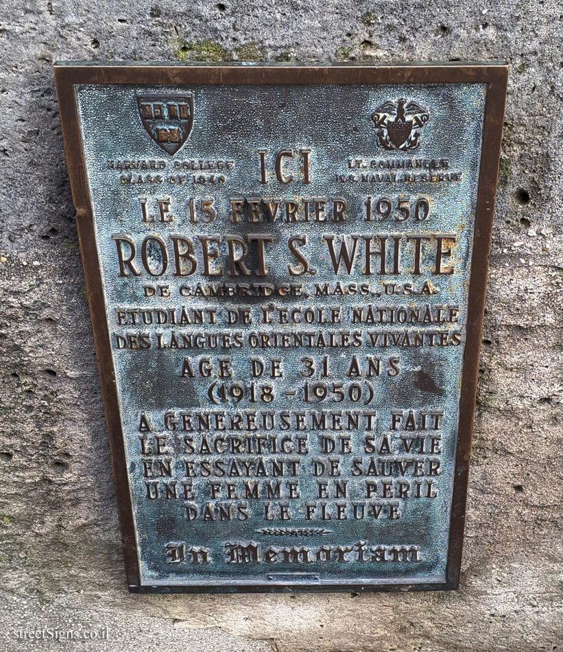 Paris- Plaque commemorating for Robert S. White who tried to save a drowning woman in the Seine