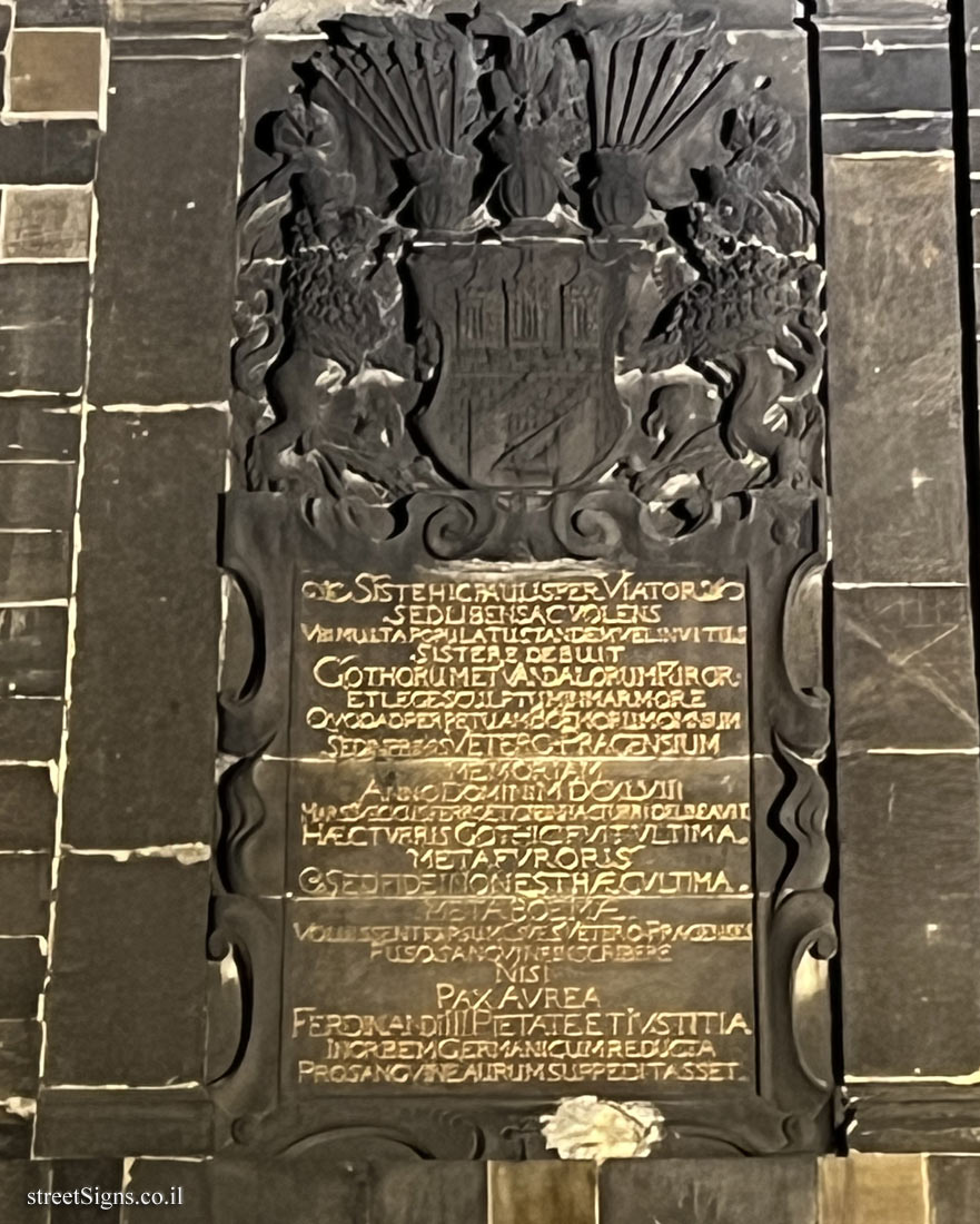 Prague - Plaque on the tower of the Old Town Bridge indicating the Battle of Prague (1648)