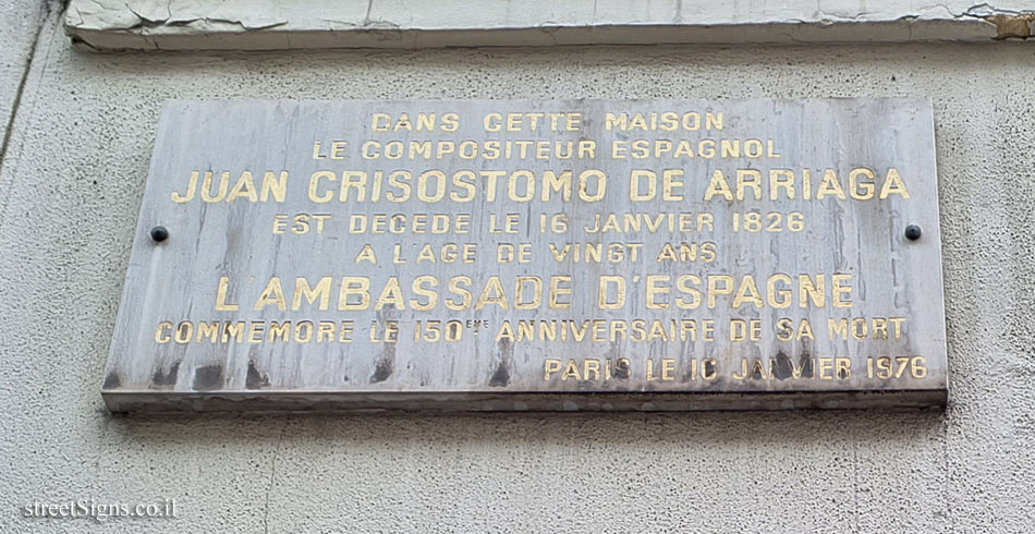 Paris - the house where the Spanish composer Juan Crisóstomo Arriaga died