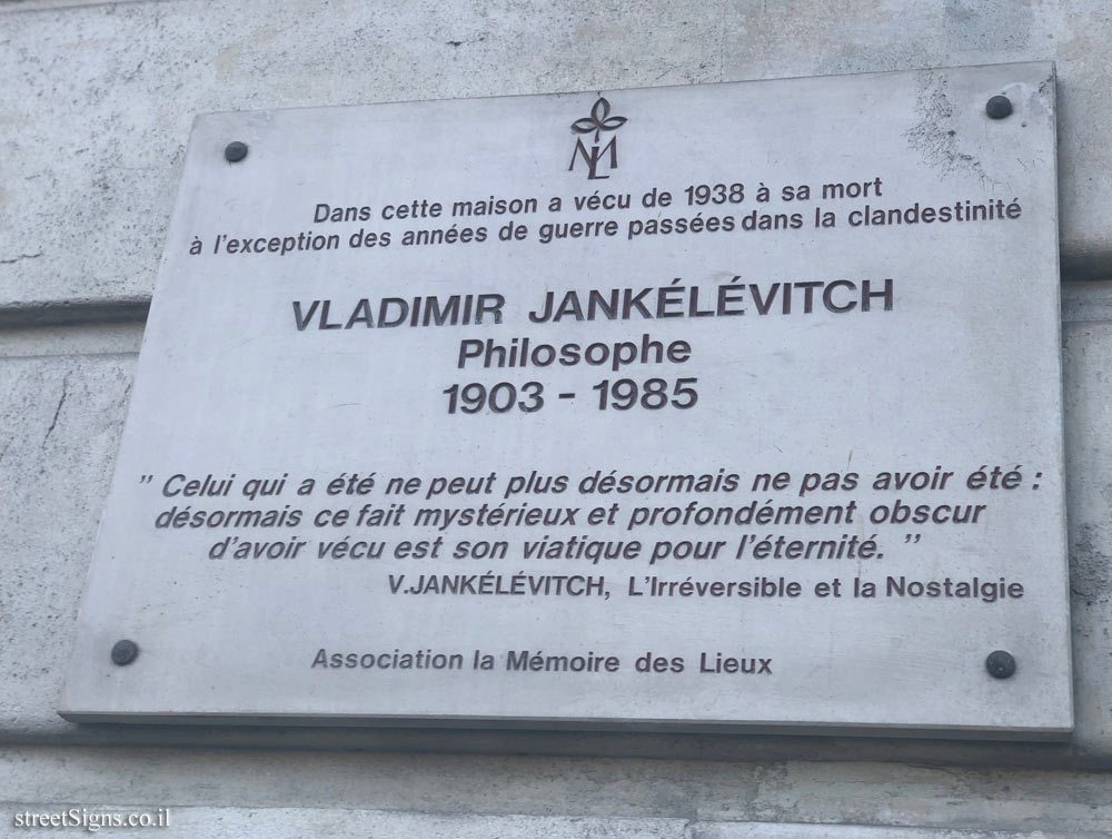 Paris - A memorial plaque at the home of Vladimir Jankielewicz