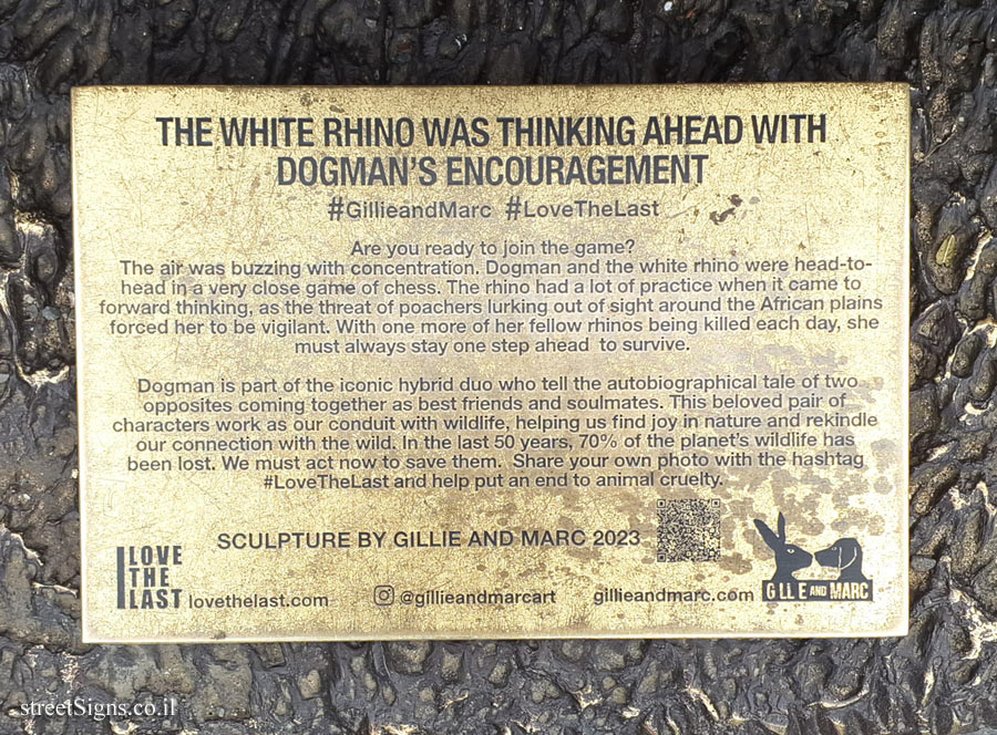 London - "The White Rhino Was Thinking Ahead with Dogman’" outdoor sculpture by Gillie and Marc
