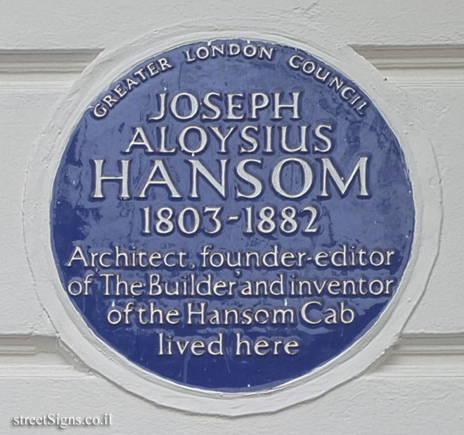 London - Commemorative plaque in the house where the architect Joseph Hansom lived
