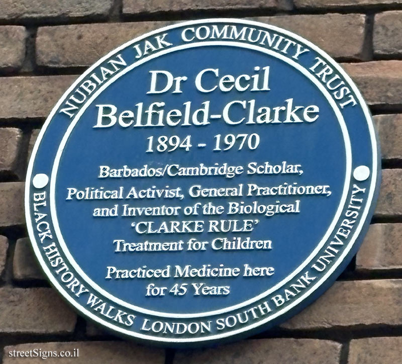 London - Memorial plaque to physician Dr. Cecil Belfield-Clarke at the place where he worked